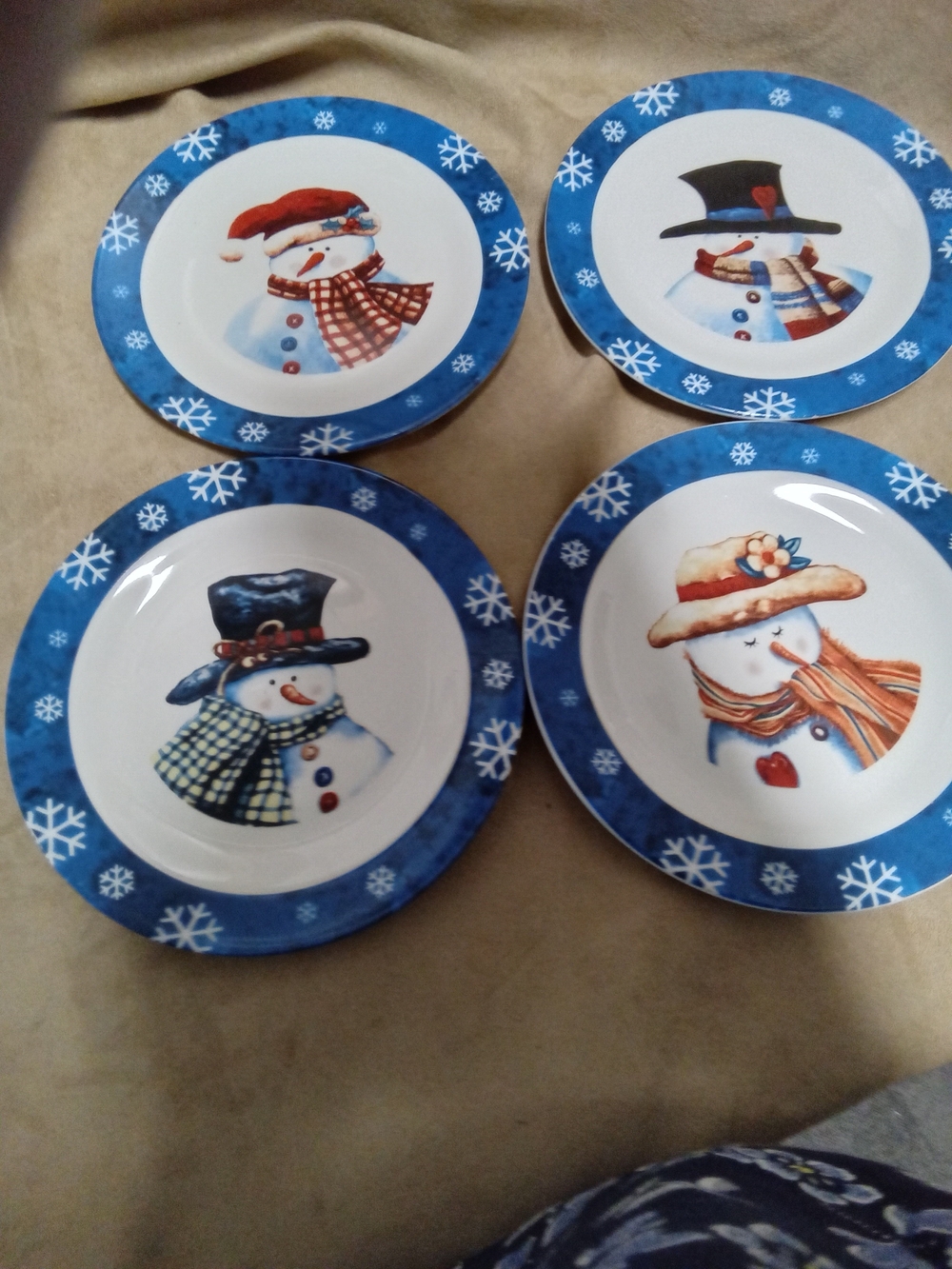 Festive Snowman Dessert Plates with Blue Snowflake Rim (Set of 4)